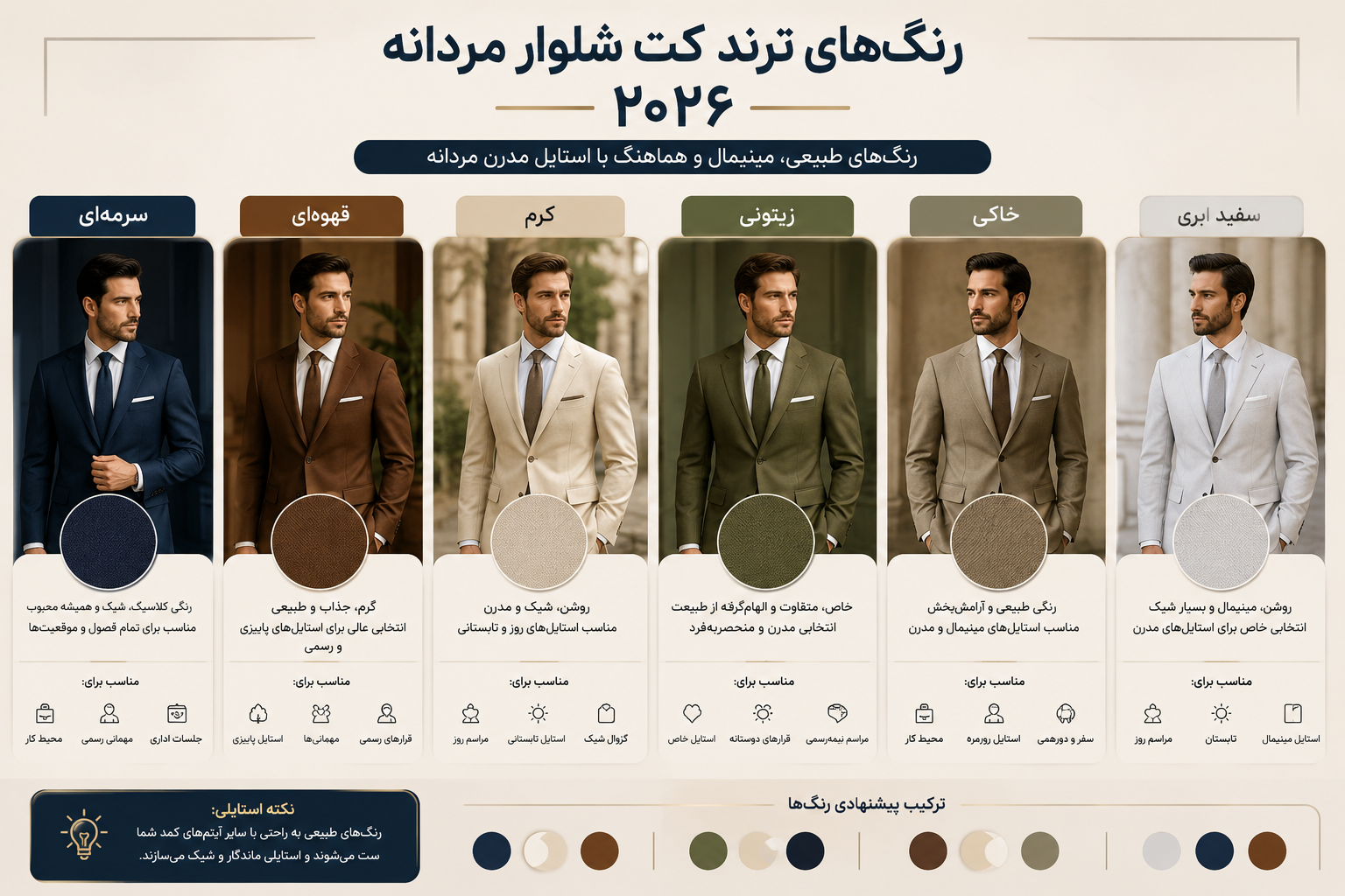 ۵ ترند جدید کت شلوار مردانه در سال ۲۰۲۶ 2 اینفوگرافیک رنگهای ترند کت شلوار مردانه ۲۰۲۶ شامل سرمهای، قهوهای، کرم، زیتونی، خاکی و سفید ابری.
