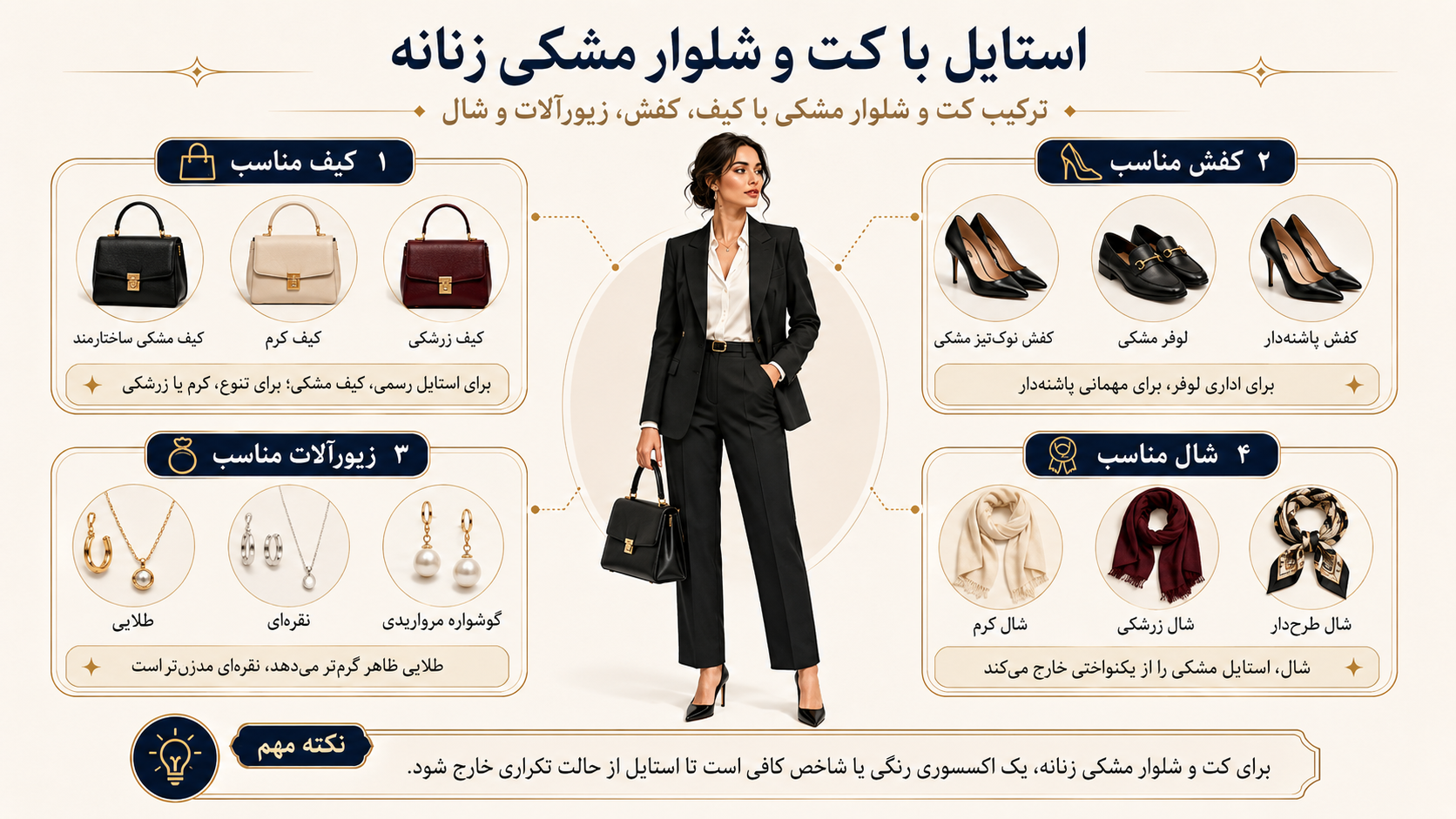 راهنمای ست کردن کت و شلوار زنانه با اکسسوری 2 اینفوگرافیک استایل با کت و شلوار مشکی زنانه و ترکیب آن با اکسسوریهایی مثل کیف، کفش، زیورآلات و شال.
