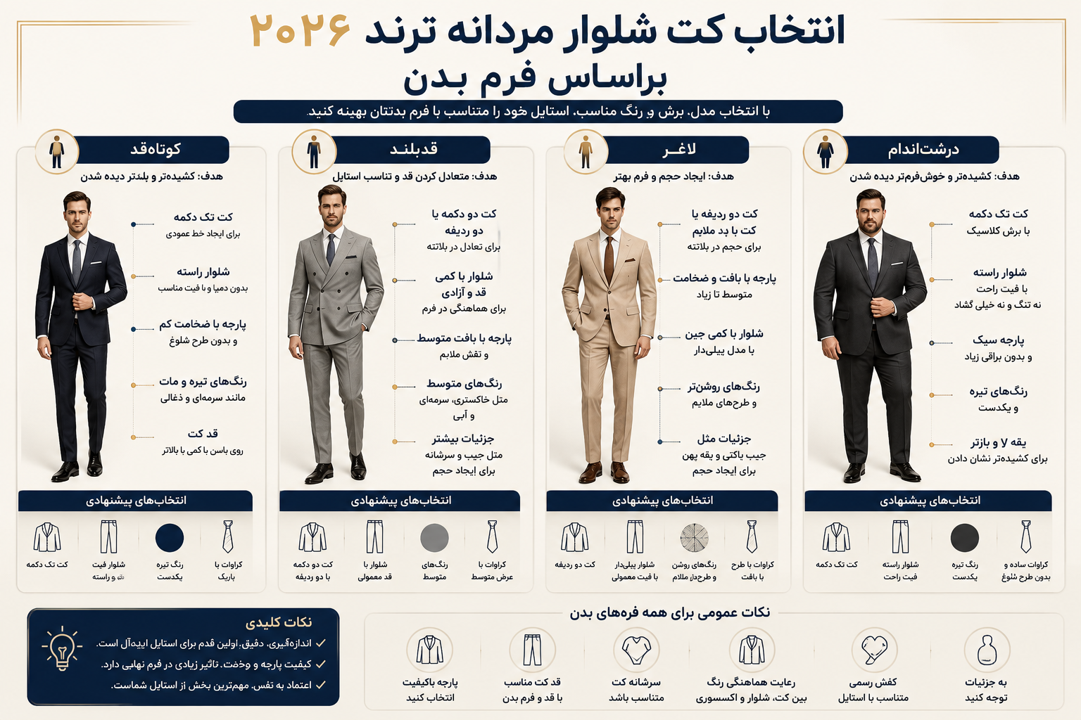۵ ترند جدید کت شلوار مردانه در سال ۲۰۲۶ 3 اینفوگرافیک انتخاب کت شلوار مردانه ترند ۲۰۲۶ براساس فرم بدن شامل افراد کوتاهقد، قدبلند، لاغر و درشتاندام.