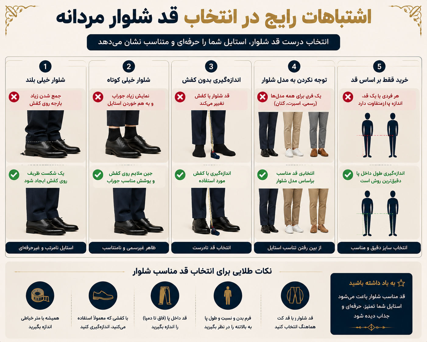 قد استاندارد شلوار مردانه چقدر است؟ 4 اینفوگرافیک اشتباهات رایج در انتخاب قد شلوار مردانه مانند کوتاهی یا بلندی بیش از حد
