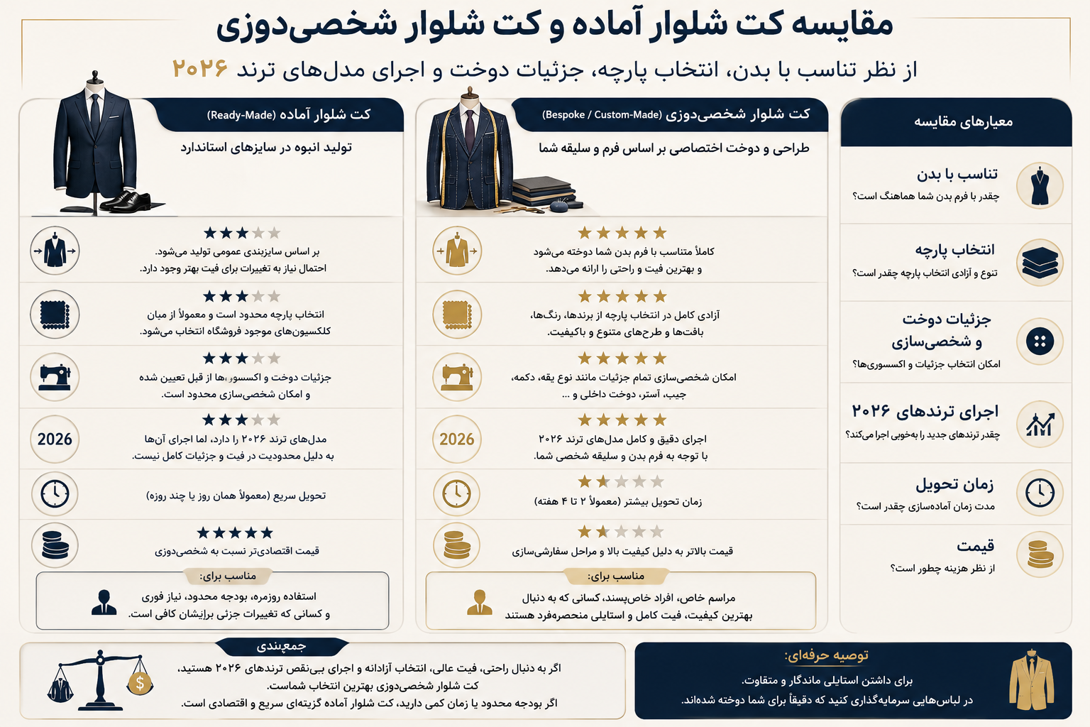 ۵ ترند جدید کت شلوار مردانه در سال ۲۰۲۶ 4 اینفوگرافیک مقایسه کت شلوار آماده و کت شلوار شخصیدوزی از نظر تناسب با بدن، انتخاب پارچه، جزئیات دوخت و اجرای مدلهای ترند ۲۰۲۶.