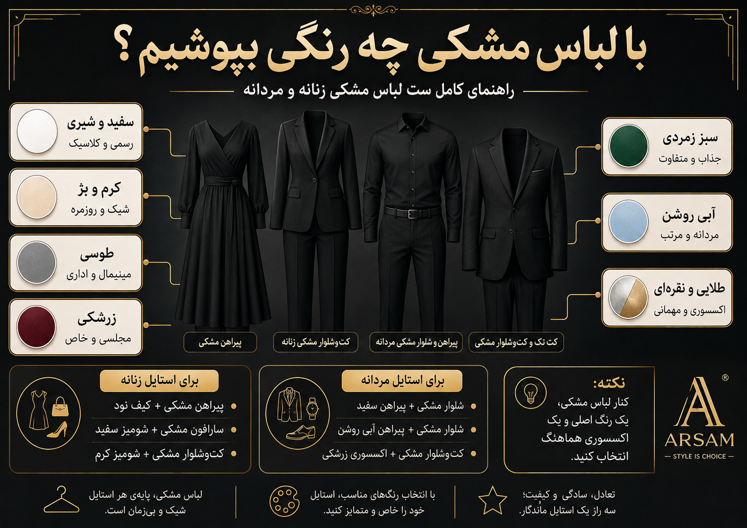 اینفوگرافیک راهنمای انتخاب با لباس مشکی چه رنگی بپوشیم