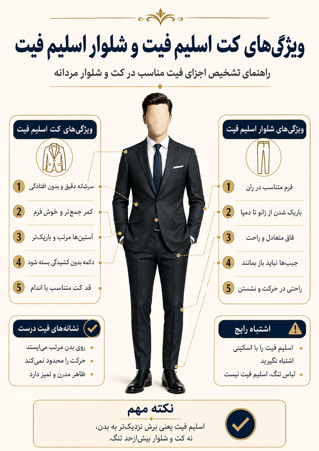 اینفوگرافیک ویژگی‌های کت اسلیم فیت و شلوار اسلیم فیت مردانه