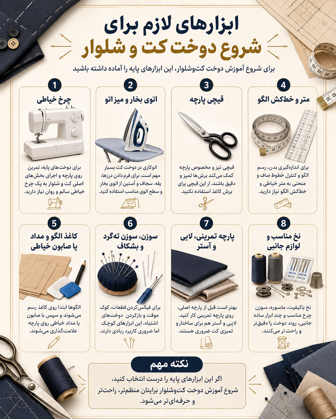 برای آموزش دوخت کت و شلوار از کجا شروع کنیم؟ 2 اینفوگرافیک ابزارهای ضروری برای شروع آموزش دوخت کت و شلوار