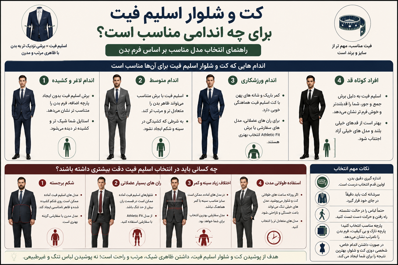 اینفوگرافیک مناسب بودن کت و شلوار اسلیم فیت برای فرم‌های مختلف بدن