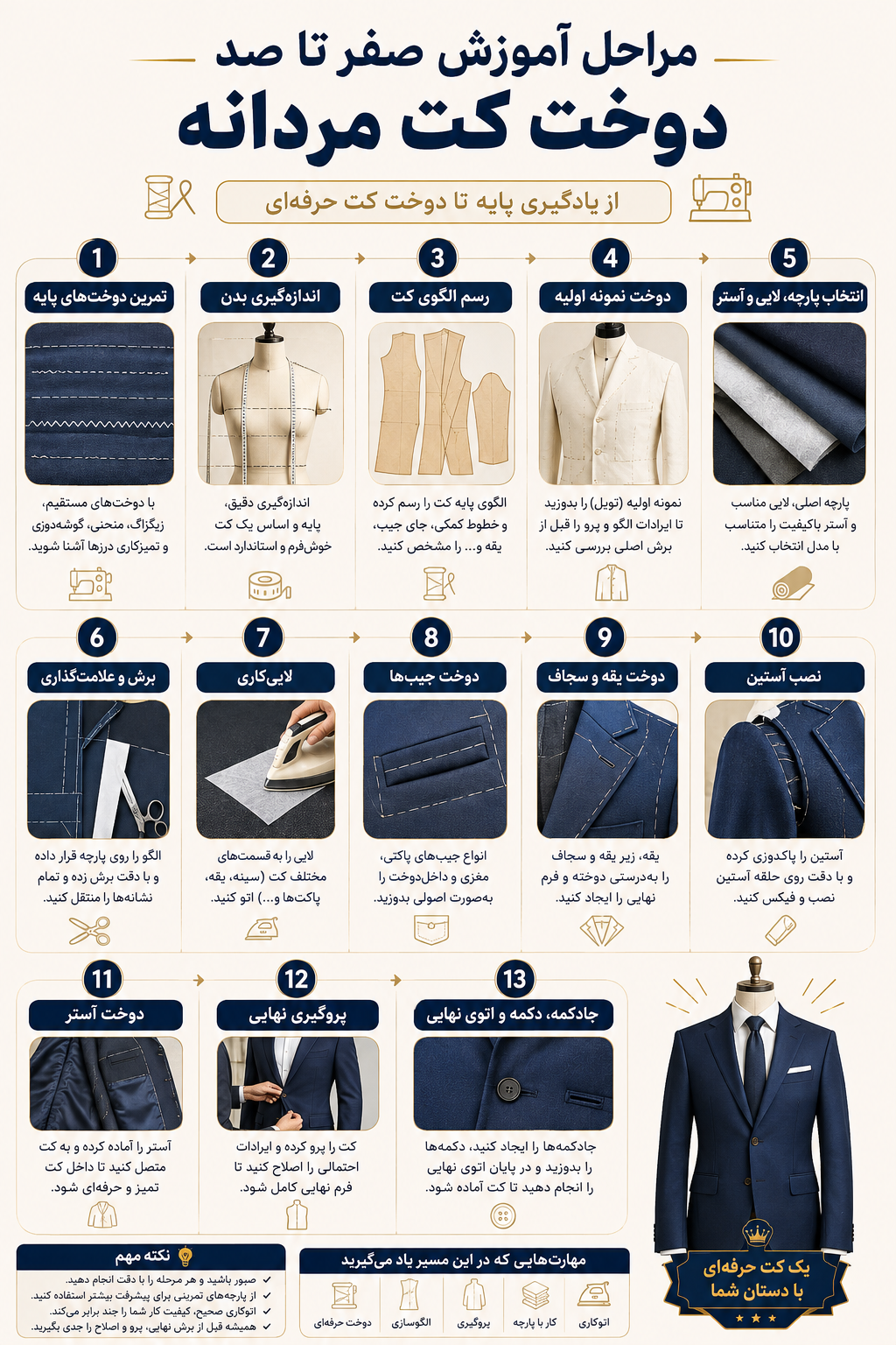 برای آموزش دوخت کت و شلوار از کجا شروع کنیم؟ 3 اینفوگرافیک مراحل آموزش صفر تا صد دوخت کت مردانه از الگو تا پرو نهایی
