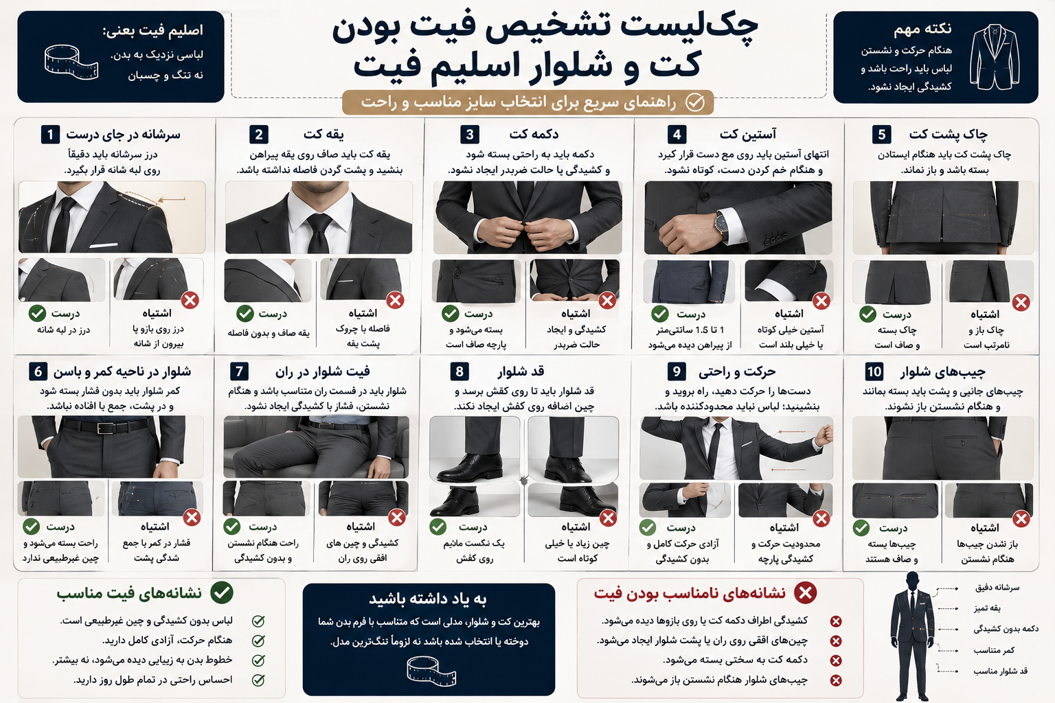 اینفوگرافیک چک‌لیست تشخیص فیت بودن کت و شلوار اسلیم فیت مردانه