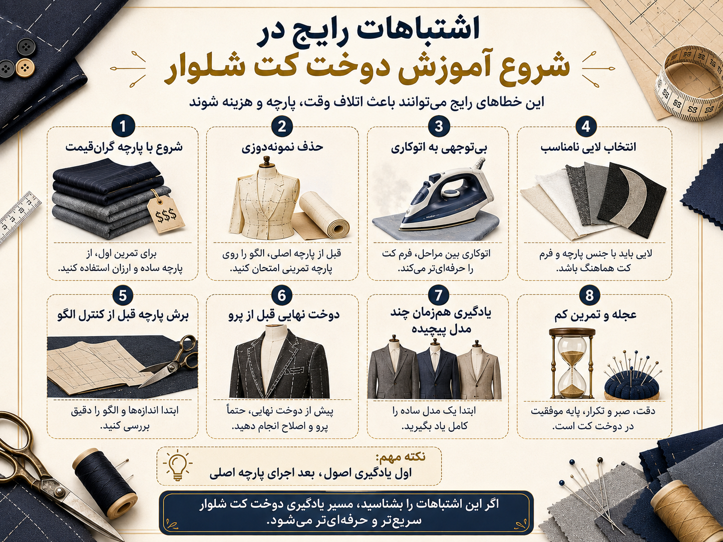 برای آموزش دوخت کت و شلوار از کجا شروع کنیم؟ 4 اینفوگرافیک اشتباهات رایج هنگام شروع آموزش دوخت کت شلوار مردانه