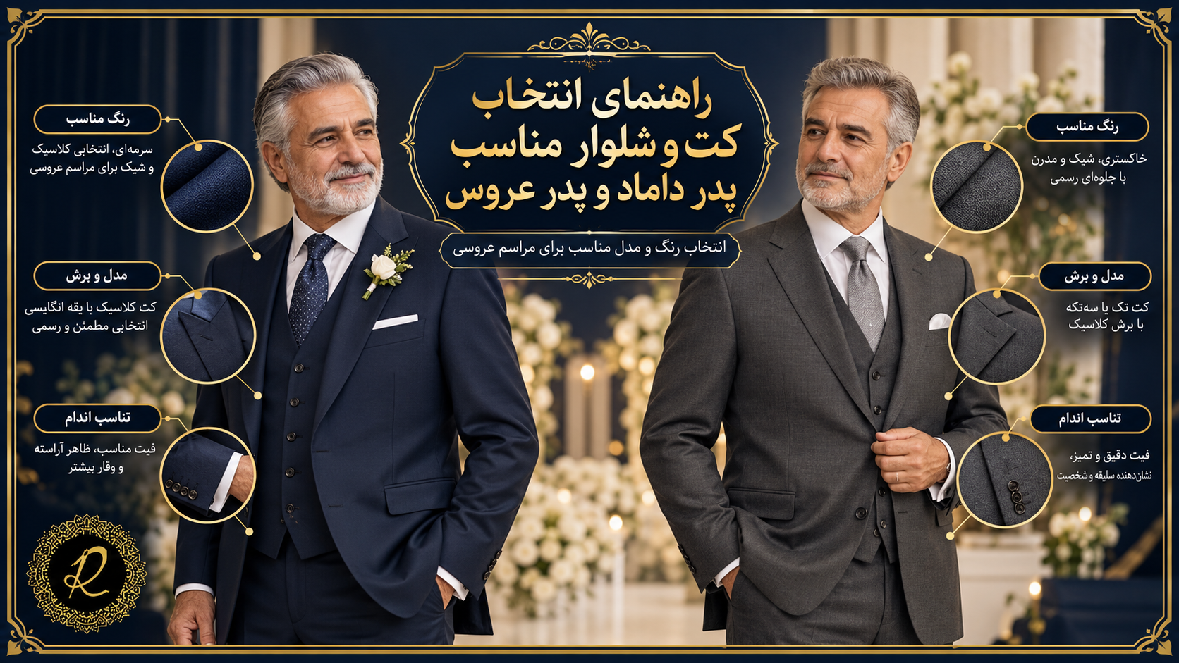راهنمای انتخاب کت و شلوار مناسب پدر داماد و پدر عروس بر اساس رنگ و مدل
